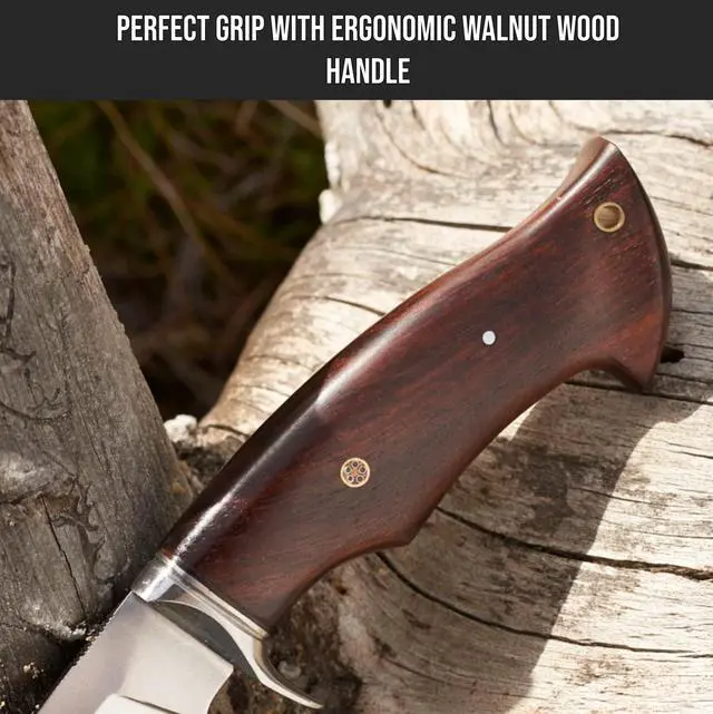 Alt view image 2 of 3 - Predator Hunter D2 Steel - Handmade Fixed Blade Hunting Knife 10" - Walnut Wood Handle & Leather Belt Sheath - Bushcraft Camping Skinning & Survival Knife - Collector Hunter Men Gifts
