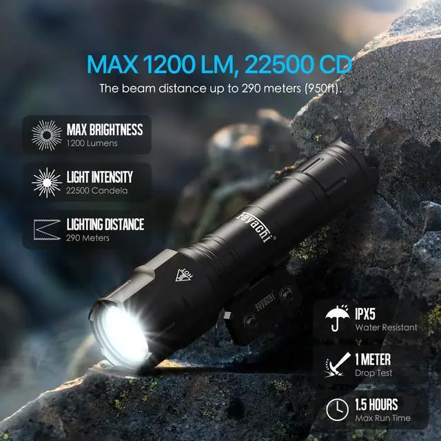 Alt view image 2 of 5 - Rifle Light 1200LM 22500Candela WL25 Tactical AR Flashlight LED Outdoor Light with Pressure Switch & Picatinny Rail Mount, 3 Modes - High/Low/Strobe (Mlok-Black)