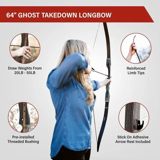 Alt view image 5 of 6 - Ghost Takedown Longbow 64" Longbow Hunting Bow Right & Left Hand Draw Weights in 20-50 lbs USA Based Company Perfect for Beginner to Pro - Includes Stringertool