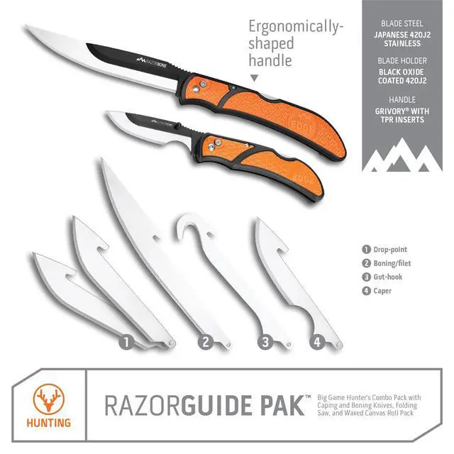Alt view image 2 of 3 - RazorGuide Roll Pak | Hunting Knife Set Features Two Replaceable Blade Hunting Knives, Bone Saw, all Stored Securely in a Compact Roll Pack (Black Roll Pack)