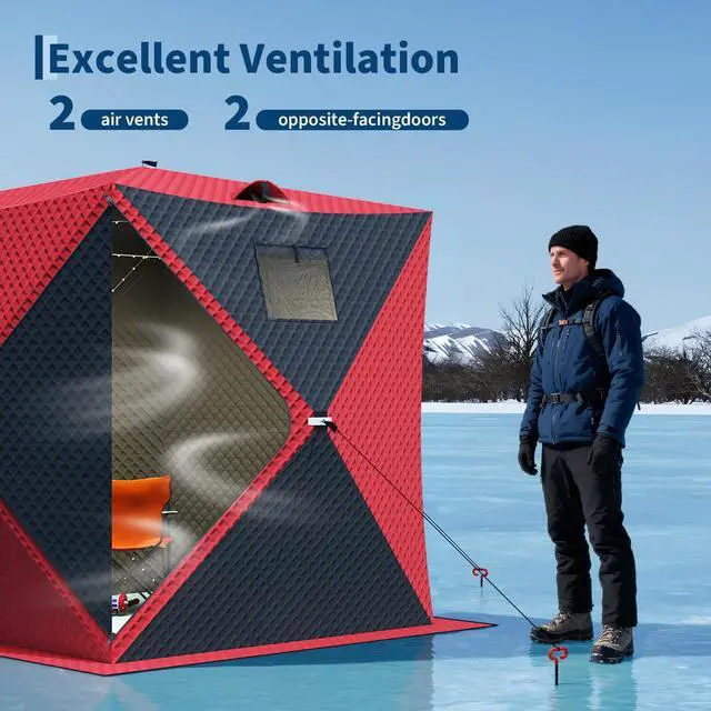 Alt view image 3 of 6 - Portable Insulated Ice Fishing Shelter Pop-Up Tent for 2-8 People, Durable Weather-Resistant, Quick Setup, Carry Bag Included Ideal for Outdoor Anglers