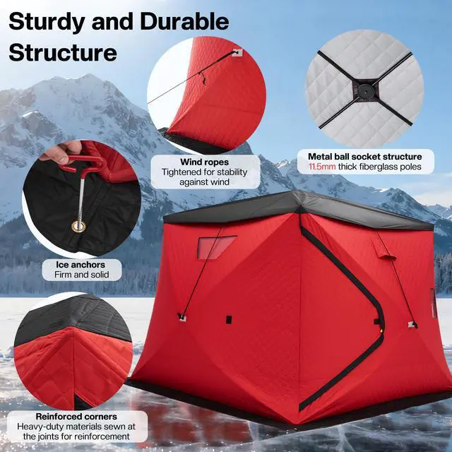 Alt view image 2 of 7 - Insulated Pop-Up Ice Fishing Tent, 4-5 Person Ice Shanty with 3-Layer Oxford Fabric, Waterproof Rain Cover, Chimney Vent, Anchors, Ropes, Carry Bag, Insulated and Warm Large Fishing Area
