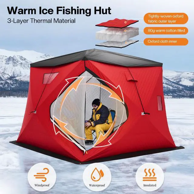 Alt view image 3 of 7 - Insulated Pop-Up Ice Fishing Tent, 4-5 Person Ice Shanty with 3-Layer Oxford Fabric, Waterproof Rain Cover, Chimney Vent, Anchors, Ropes, Carry Bag, Insulated and Warm Large Fishing Area