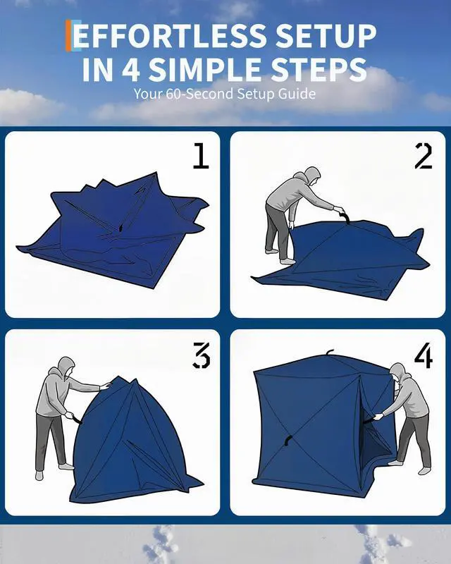 Alt view image 3 of 6 - Pop-Up Ice Fishing Tent for 3-4 Persons | Windproof & Warm Winter Shelter with Insulated Oxford Fabric | Portable Hub-Style Design Includes 6 Anchors, Ropes & Carry Bag
