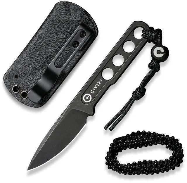Main image of Circulus Fixed blade knife, 1.96" Cutting Edge Black Stonewashed 10Cr15CoMoV Steel with A Black Kydex Sheath, A Nylon Lanyard with Titanium Bead C22012-1