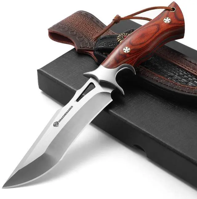 Main image of 10.24" M390 Knives Hunting Knife Fixed Blade with Leather Sheath, Bushcraft Full Tang Knife Non-slip Red Coloured Wooden Handle