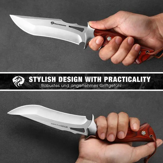 Alt view image 3 of 7 - 10.24" M390 Knives Hunting Knife Fixed Blade with Leather Sheath, Bushcraft Full Tang Knife Non-slip Red Coloured Wooden Handle