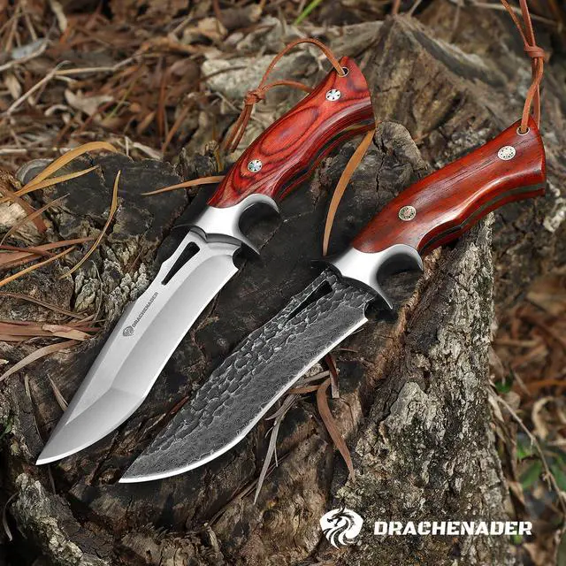 Alt view image 6 of 7 - 10.24" M390 Knives Hunting Knife Fixed Blade with Leather Sheath, Bushcraft Full Tang Knife Non-slip Red Coloured Wooden Handle