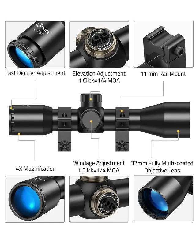 Alt view image 2 of 6 - 4x32 Compact Rifle Scope - 1 inch Tube Scope Optics Hunting Scope with Mounts