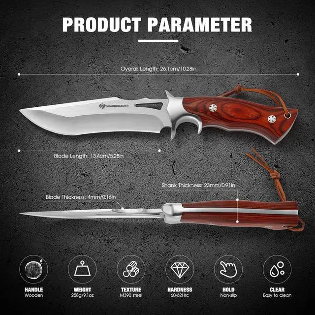 Alt view image 7 of 7 - 10.24" M390 Knives Hunting Knife Fixed Blade with Leather Sheath, Bushcraft Full Tang Knife Non-slip Red Coloured Wooden Handle
