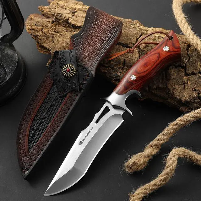 Alt view image 5 of 7 - 10.24" M390 Knives Hunting Knife Fixed Blade with Leather Sheath, Bushcraft Full Tang Knife Non-slip Red Coloured Wooden Handle
