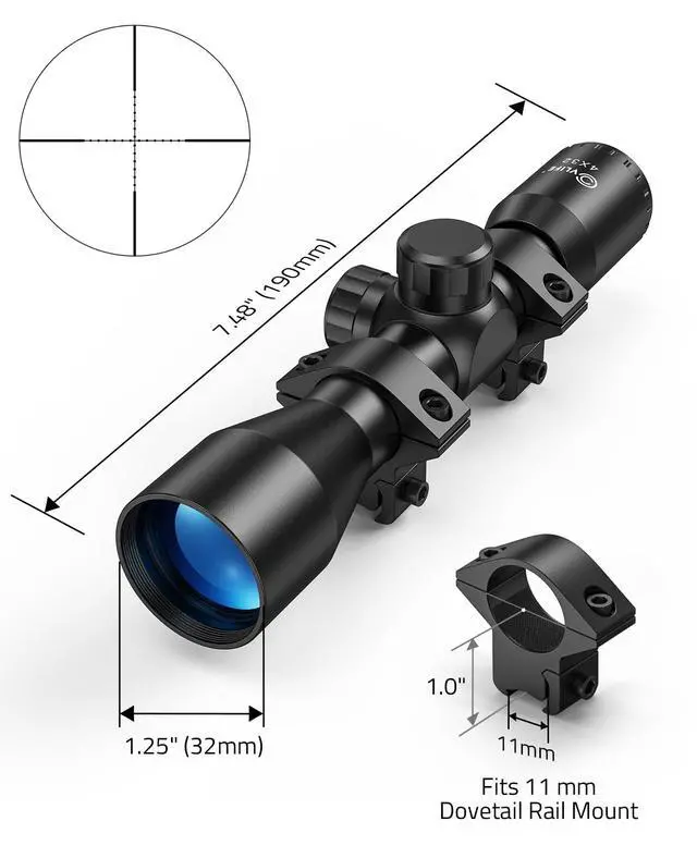Alt view image 3 of 6 - 4x32 Compact Rifle Scope - 1 inch Tube Scope Optics Hunting Scope with Mounts