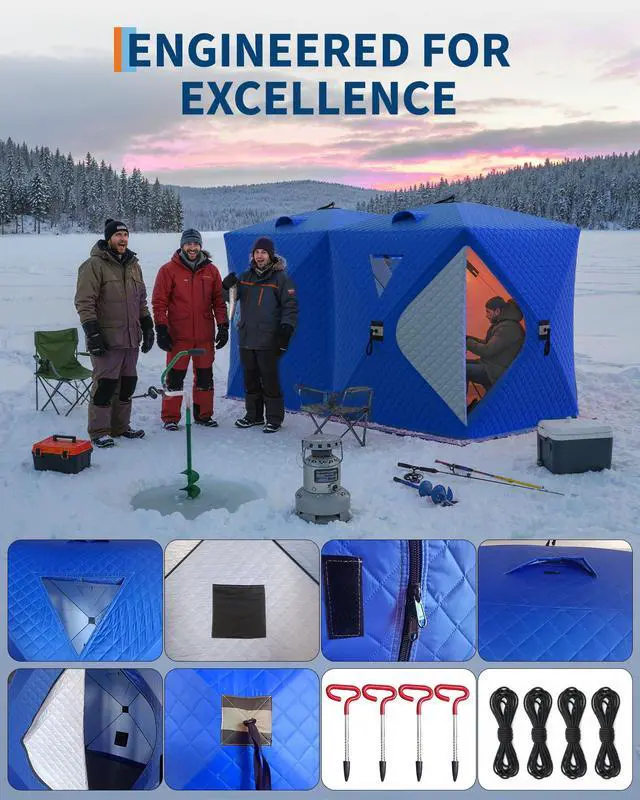 Alt view image 4 of 6 - Pop-Up Ice Fishing Tent for 3-4 Persons | Windproof & Warm Winter Shelter with Insulated Oxford Fabric | Portable Hub-Style Design Includes 6 Anchors, Ropes & Carry Bag