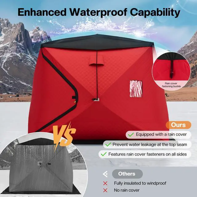 Alt view image 5 of 7 - Insulated Pop-Up Ice Fishing Tent, 4-5 Person Ice Shanty with 3-Layer Oxford Fabric, Waterproof Rain Cover, Chimney Vent, Anchors, Ropes, Carry Bag, Insulated and Warm Large Fishing Area