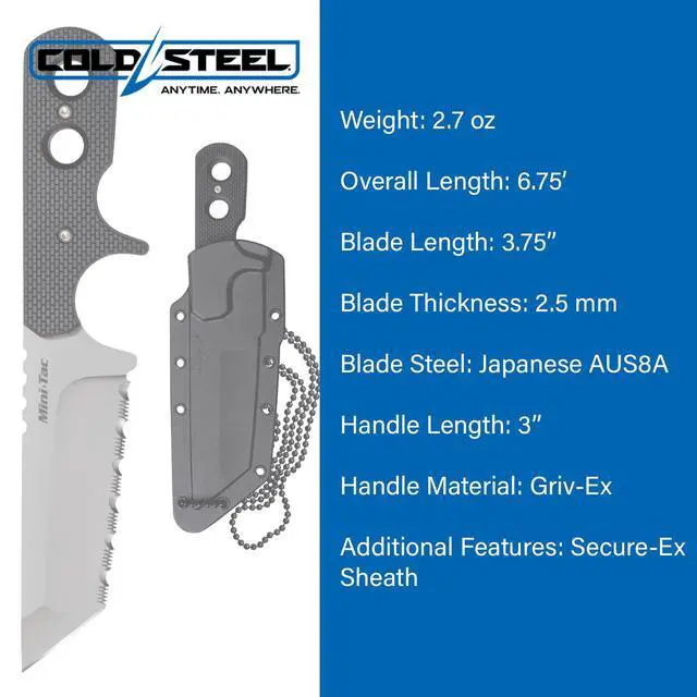 Alt view image 5 of 5 - Mini Tac Tanto 3.75" AUS8A Razor-Sharp Blade 3" Griv-Ex Handle Tactical Fixed Blade Neck Knife w/Secure-Ex Sheath
