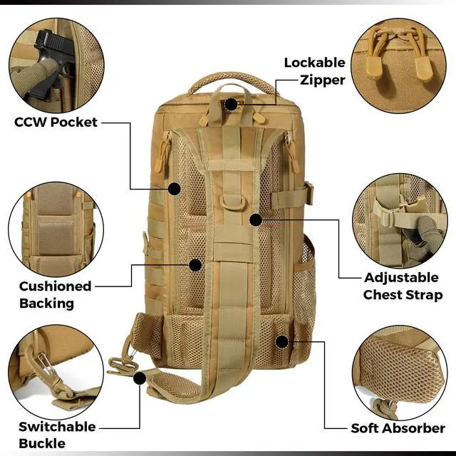 Alt view image 2 of 3 - DBTAC Tactical Personal Defense EDC Bags & Packs | 10L Military Shoulder Backpack with Sling for Concealed Carry, Range, Travel, Hiking, Outdoor Sports (Brown)