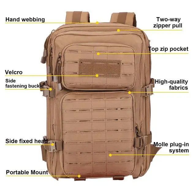 Alt view image 2 of 7 - 40L Tactical Backpack, Camouflage Military Bug Out Bag, Durable MOLLE Hiking Camping Gear (TAN)