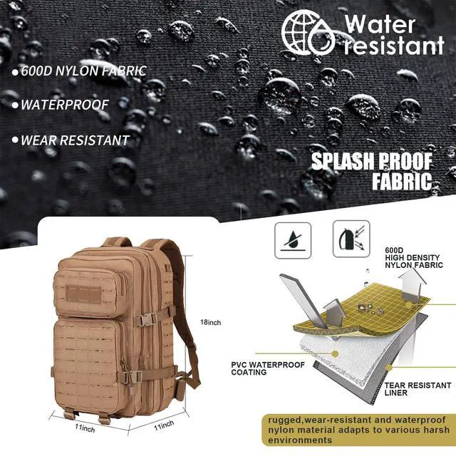 Alt view image 3 of 7 - 40L Tactical Backpack, Camouflage Military Bug Out Bag, Durable MOLLE Hiking Camping Gear (TAN)