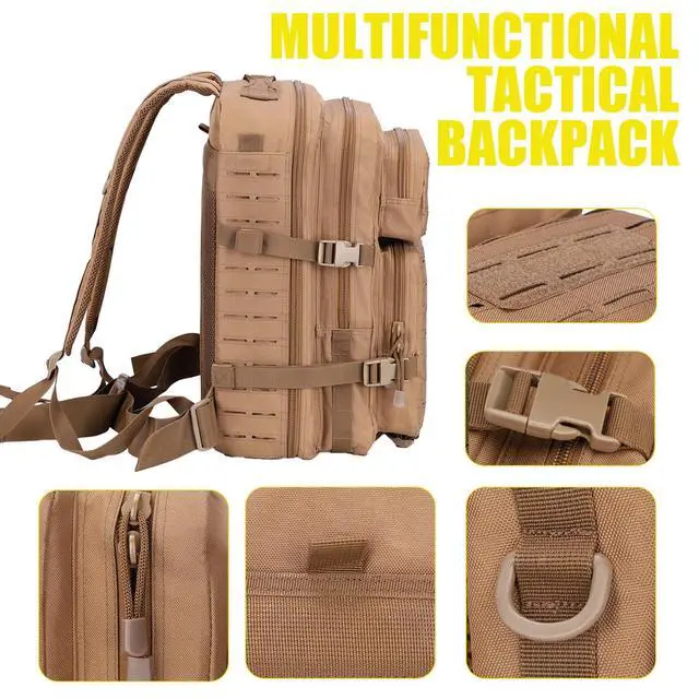 Alt view image 5 of 7 - 40L Tactical Backpack, Camouflage Military Bug Out Bag, Durable MOLLE Hiking Camping Gear (TAN)