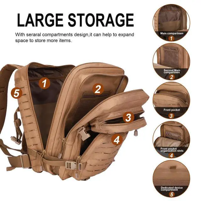 Alt view image 4 of 7 - 40L Tactical Backpack, Camouflage Military Bug Out Bag, Durable MOLLE Hiking Camping Gear (TAN)