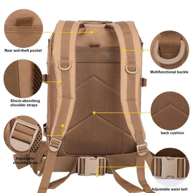 Alt view image 6 of 7 - 40L Tactical Backpack, Camouflage Military Bug Out Bag, Durable MOLLE Hiking Camping Gear (TAN)