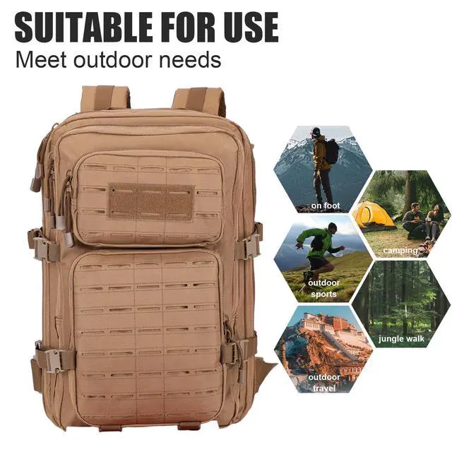 Alt view image 7 of 7 - 40L Tactical Backpack, Camouflage Military Bug Out Bag, Durable MOLLE Hiking Camping Gear (TAN)
