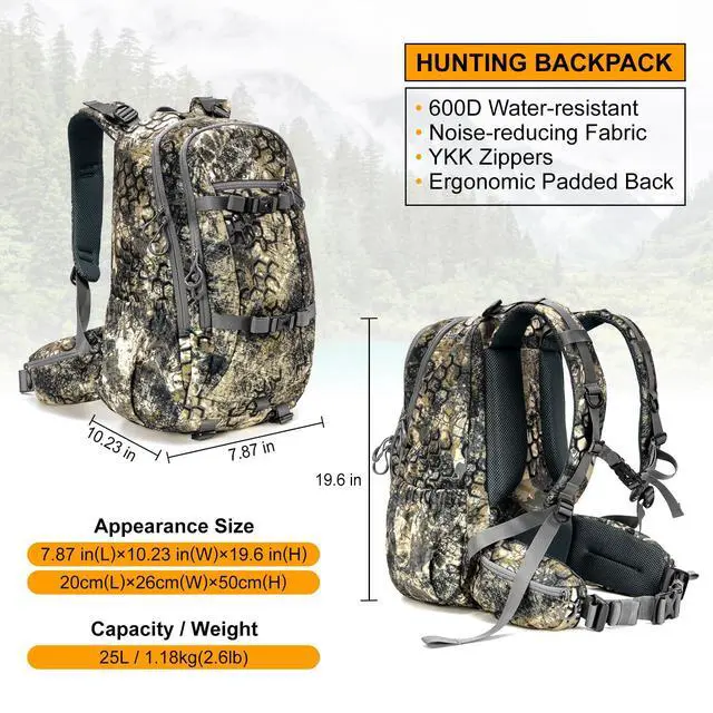 Alt view image 2 of 6 - Hunting Backpack Waterproof Pack: 25L Hunting Gear with Rain Cover,Hunting Day Pack with Rifle Bow Gun Holder (Camo)