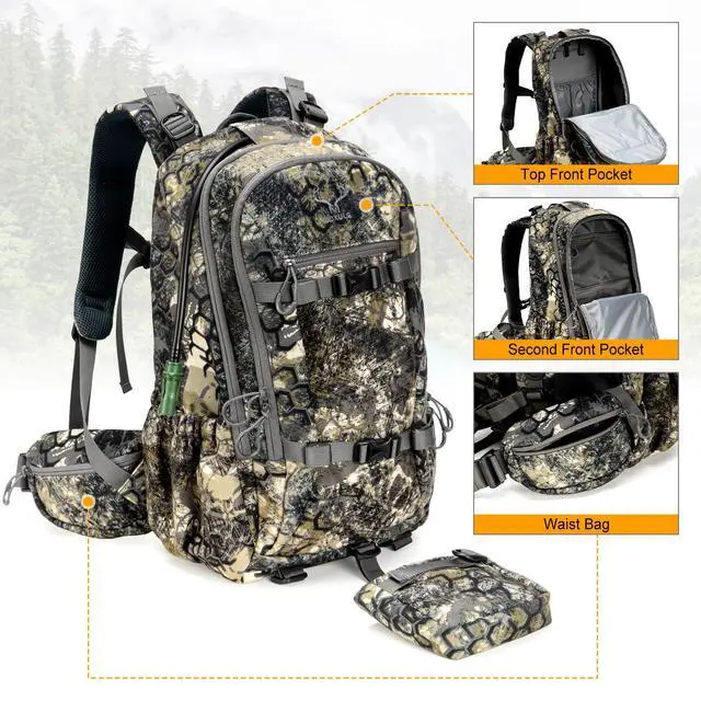 Alt view image 3 of 6 - Hunting Backpack Waterproof Pack: 25L Hunting Gear with Rain Cover,Hunting Day Pack with Rifle Bow Gun Holder (Camo)