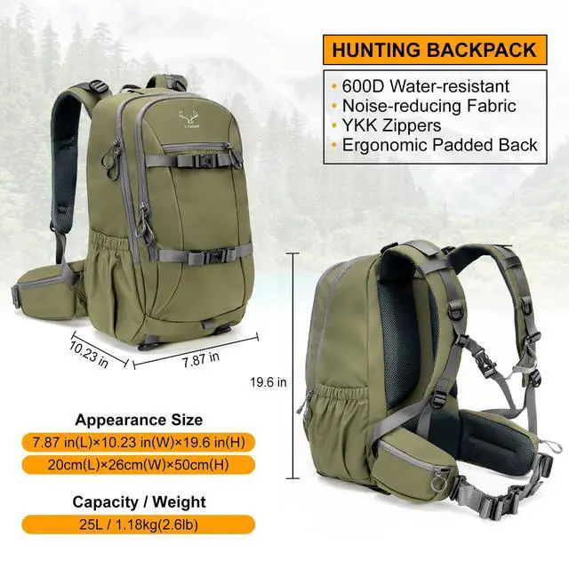 Alt view image 2 of 6 - Hunting Backpack Waterproof Pack: 25L Hunting Gear with Rain Cover,Hunting Day Pack with Rifle Bow Gun Holder (Green)