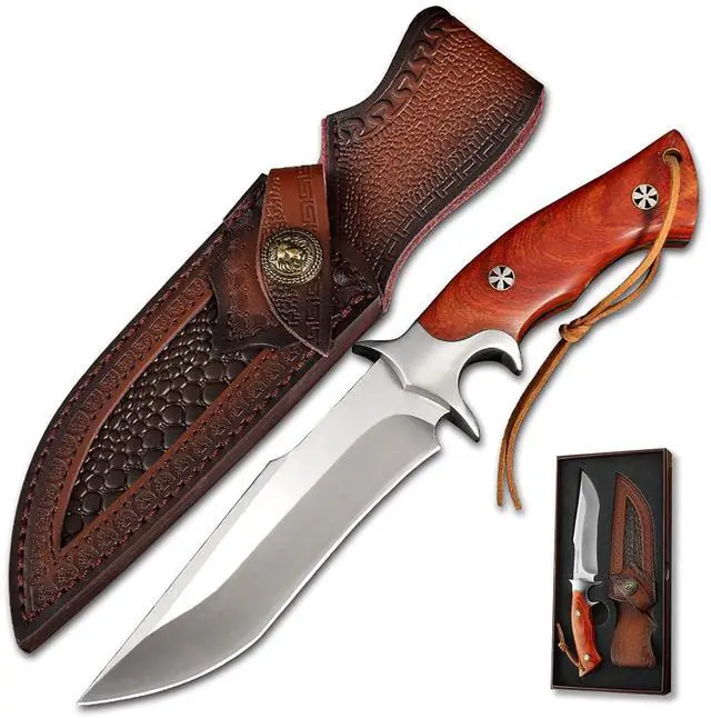 Main image of M390 Steel Handmade Hunting Knife, Fixed Blade Full-Tang with Leather Sheath, Red Wood Non-Slip Handle - Survival, Tactical, Camping knives