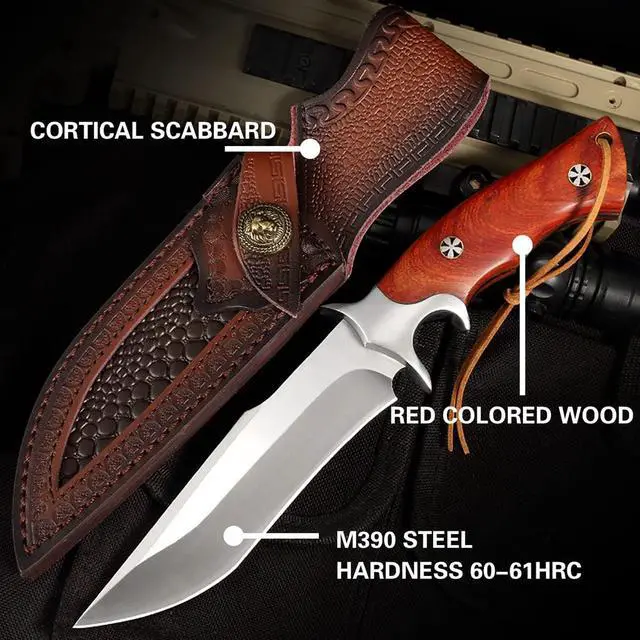 Alt view image 4 of 7 - M390 Steel Handmade Hunting Knife, Fixed Blade Full-Tang with Leather Sheath, Red Wood Non-Slip Handle - Survival, Tactical, Camping knives