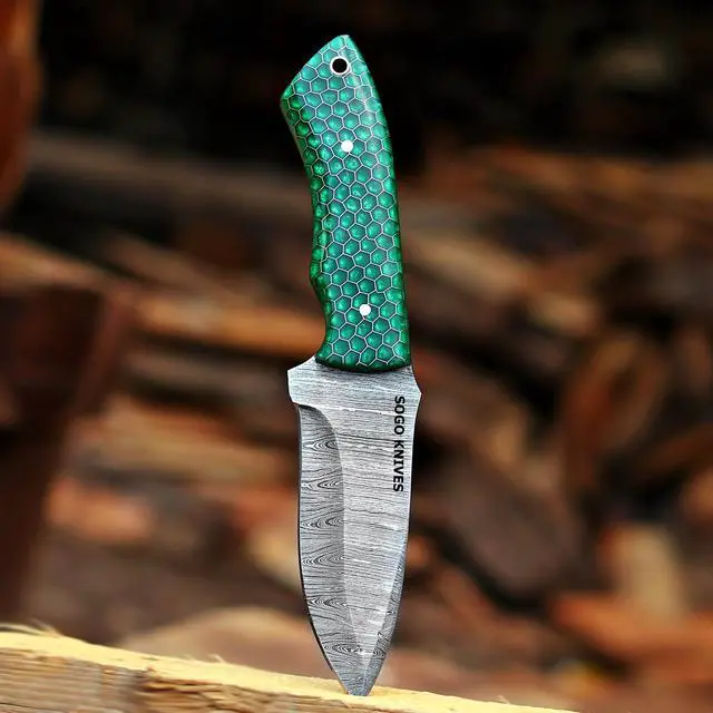 Alt view image 5 of 6 - Fixed Blade Damascus Steel Hunting Knife, 9'' Full Tang with Leather Sheath, Non-Slip Wooden Handle, Camping Knife (GREEN)