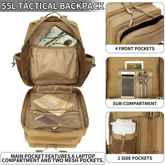 Alt view image 2 of 7 - 55L Tactical Backpack Heavy Duty Military Rucksack Molle Backpack 3 Day Assault Pack for Work Outdoors