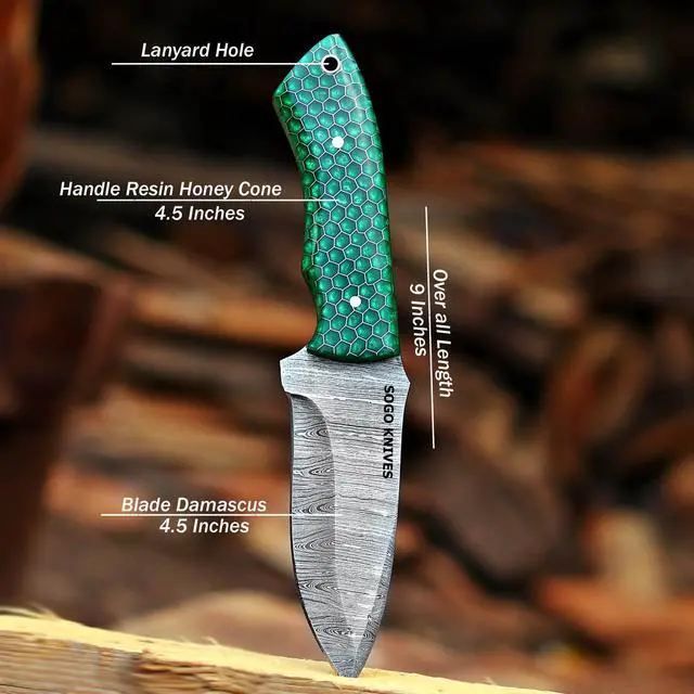 Alt view image 4 of 6 - Fixed Blade Damascus Steel Hunting Knife, 9'' Full Tang with Leather Sheath, Non-Slip Wooden Handle, Camping Knife (GREEN)