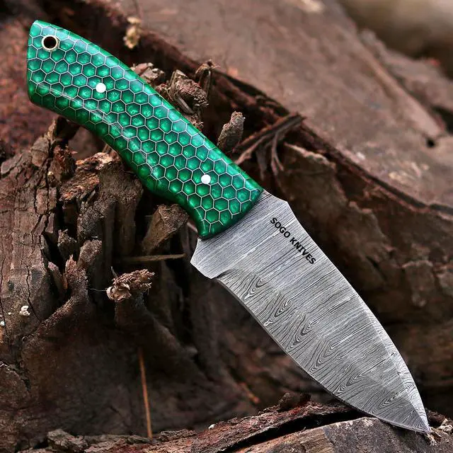 Alt view image 2 of 6 - Fixed Blade Damascus Steel Hunting Knife, 9'' Full Tang with Leather Sheath, Non-Slip Wooden Handle, Camping Knife (GREEN)
