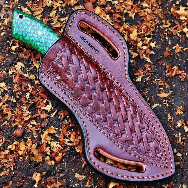 Alt view image 6 of 6 - Fixed Blade Damascus Steel Hunting Knife, 9'' Full Tang with Leather Sheath, Non-Slip Wooden Handle, Camping Knife (GREEN)