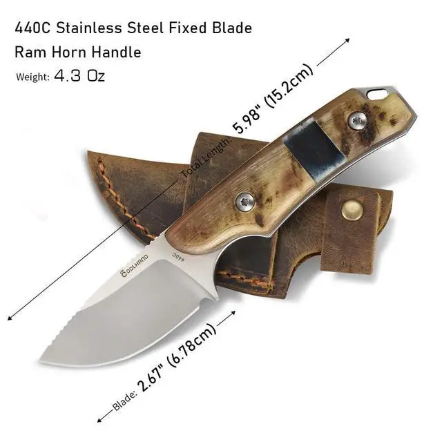 Alt view image 3 of 6 - 5.98" 440C Fixed Blade Knife, Ram Horn Handle with Leather Sheath | Full tang drop point blade, compact horizontal carry, leather sheath with belt loop & buckle for outdoor
