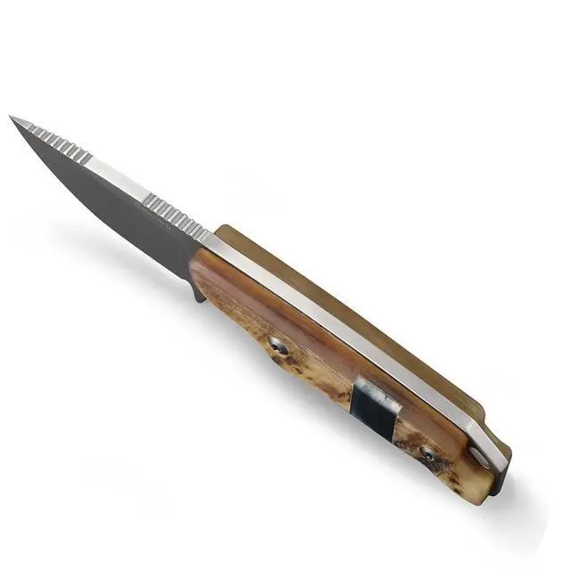Alt view image 4 of 6 - 5.98" 440C Fixed Blade Knife, Ram Horn Handle with Leather Sheath | Full tang drop point blade, compact horizontal carry, leather sheath with belt loop & buckle for outdoor
