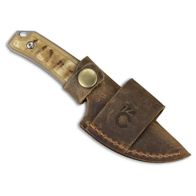 Alt view image 5 of 6 - 5.98" 440C Fixed Blade Knife, Ram Horn Handle with Leather Sheath | Full tang drop point blade, compact horizontal carry, leather sheath with belt loop & buckle for outdoor