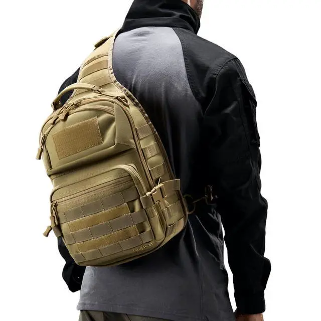 Alt view image 2 of 6 - 15L 1050D Urban Tactical Sling Bag for Men, 12 Inch Laptop, Tan | Water Resistant Heavy Duty MOLLE Crossbody One Shoulder Strap Backpack, Everyday Carry Commuting, Travel, Cycling, Motorcycle