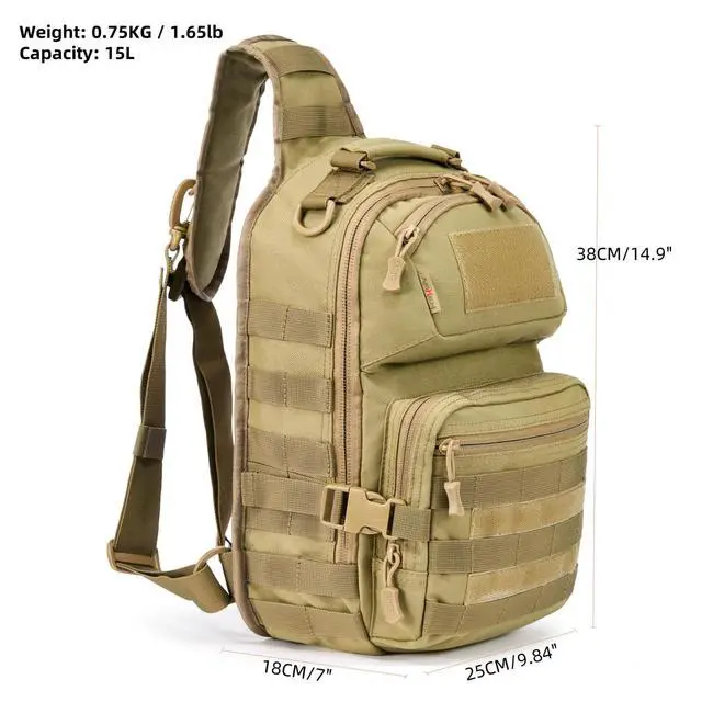 Alt view image 3 of 6 - 15L 1050D Urban Tactical Sling Bag for Men, 12 Inch Laptop, Tan | Water Resistant Heavy Duty MOLLE Crossbody One Shoulder Strap Backpack, Everyday Carry Commuting, Travel, Cycling, Motorcycle