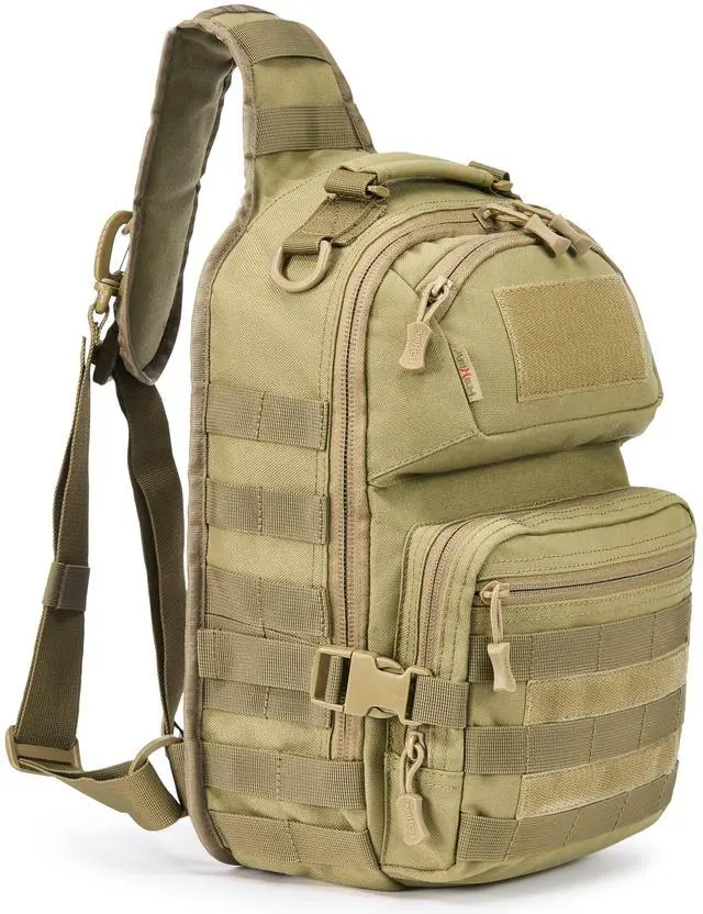 Main image of 15L 1050D Urban Tactical Sling Bag for Men, 12 Inch Laptop, Tan | Water Resistant Heavy Duty MOLLE Crossbody One Shoulder Strap Backpack, Everyday Carry Commuting, Travel, Cycling, Motorcycle