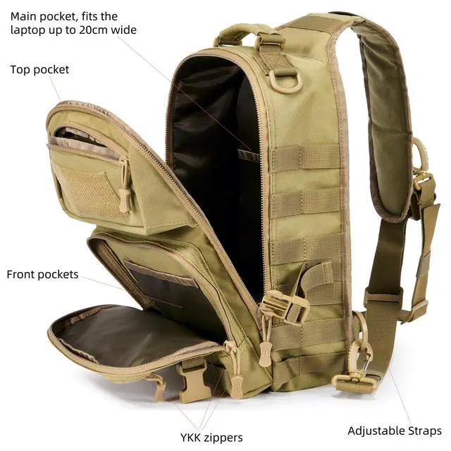 Alt view image 4 of 6 - 15L 1050D Urban Tactical Sling Bag for Men, 12 Inch Laptop, Tan | Water Resistant Heavy Duty MOLLE Crossbody One Shoulder Strap Backpack, Everyday Carry Commuting, Travel, Cycling, Motorcycle