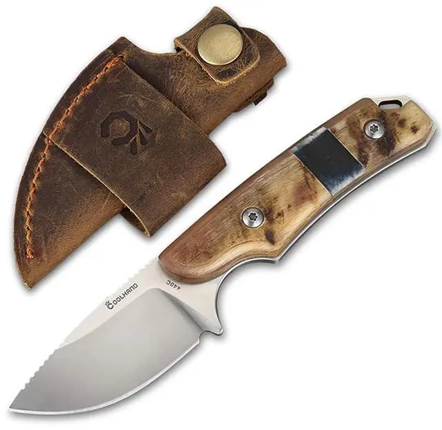 Main image of 5.98" 440C Fixed Blade Knife, Ram Horn Handle with Leather Sheath | Full tang drop point blade, compact horizontal carry, leather sheath with belt loop & buckle for outdoor