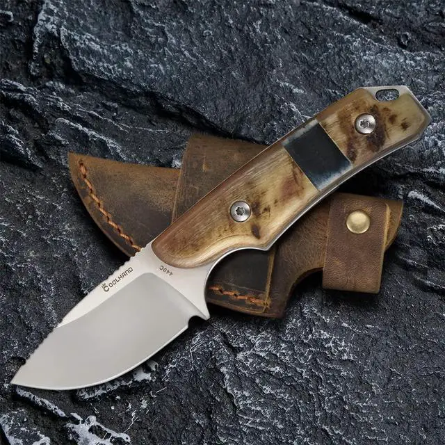 Alt view image 2 of 6 - 5.98" 440C Fixed Blade Knife, Ram Horn Handle with Leather Sheath | Full tang drop point blade, compact horizontal carry, leather sheath with belt loop & buckle for outdoor
