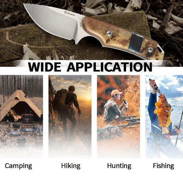 Alt view image 6 of 6 - 5.98" 440C Fixed Blade Knife, Ram Horn Handle with Leather Sheath | Full tang drop point blade, compact horizontal carry, leather sheath with belt loop & buckle for outdoor
