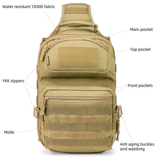Alt view image 5 of 6 - 15L 1050D Urban Tactical Sling Bag for Men, 12 Inch Laptop, Tan | Water Resistant Heavy Duty MOLLE Crossbody One Shoulder Strap Backpack, Everyday Carry Commuting, Travel, Cycling, Motorcycle