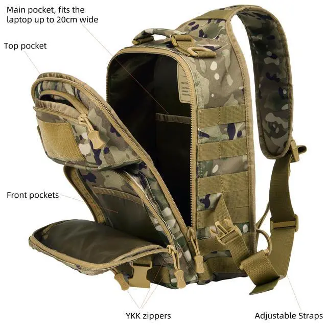 Alt view image 4 of 6 - 15L 1050D Urban Tactical Sling Bag for Men, 12 Inch Laptop, Camo | Water Resistant Heavy Duty MOLLE Crossbody One Shoulder Strap Backpack, Everyday Carry Commuting, Travel, Cycling, Motorcycle