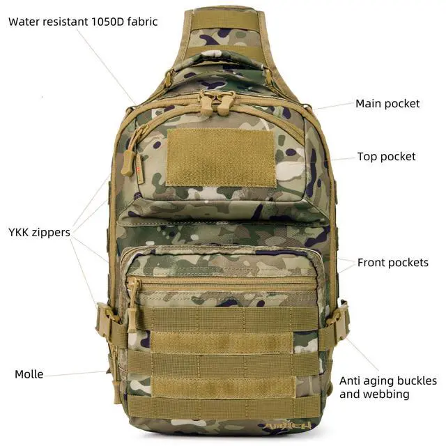 Alt view image 5 of 6 - 15L 1050D Urban Tactical Sling Bag for Men, 12 Inch Laptop, Camo | Water Resistant Heavy Duty MOLLE Crossbody One Shoulder Strap Backpack, Everyday Carry Commuting, Travel, Cycling, Motorcycle