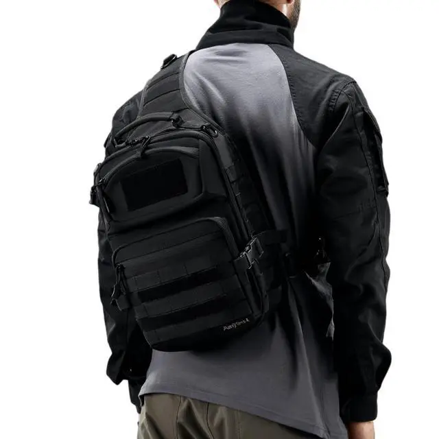 Alt view image 2 of 6 - 15L 1050D Urban Tactical Sling Bag for Men, 12 Inch Laptop, Black | Water Resistant Heavy Duty MOLLE Crossbody One Shoulder Strap Backpack, Everyday Carry Commuting, Travel, Cycling, Motorcycle